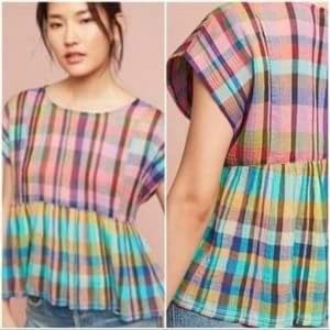 Anthropologie Plaid Sheer Blouse Rainbow Large